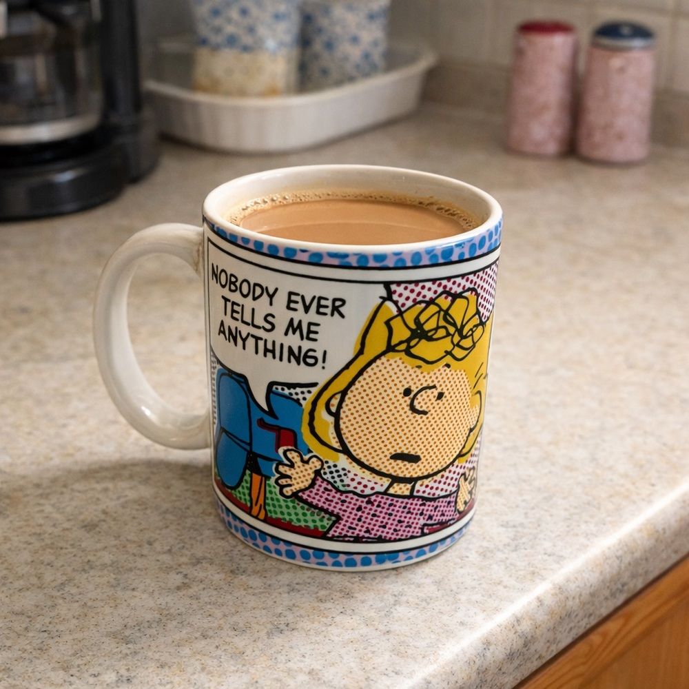 🍓 5 FOR $40 Gibson Peanuts Sally Retro Blue and White Comic Coffee Mug